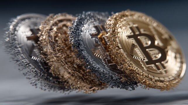 An array of Bitcoin cryptocurrency coins merging with metallic hues of silver and gold,