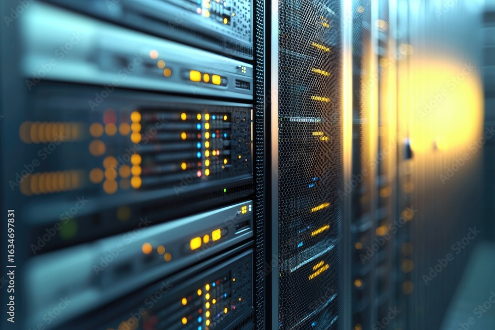 Poster modern data center interior with high-tech server racks and glowing led indicators, perfect for clou