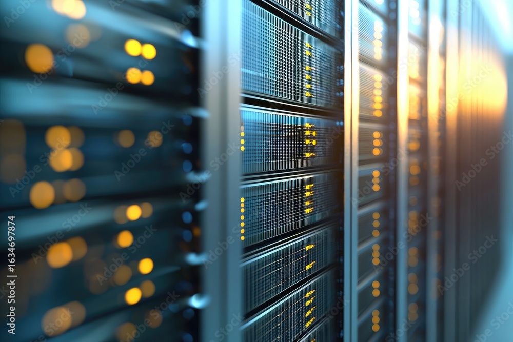 Poster close-up view of modern data center servers with glowing led indicators, suitable for illustrating c