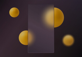 Dark vertical glass banner with golden 3D spheres