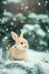 White rabbit in snowy winter forest with soft light. Wildlife concept.