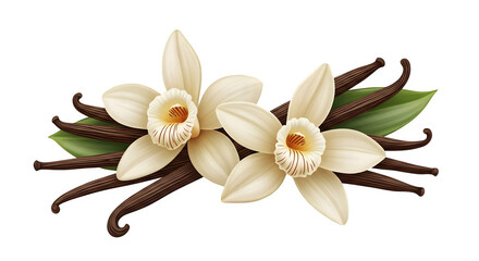 Two vanilla flowers with pods and leaves    .ai generative, transparent background, white background. isolated on white background, png, jpeg, jpg.