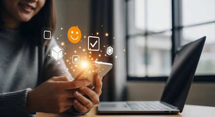 Woman Using Smartphone with Glowing Icons for Task Management and Productivity in a Modern Home Office Setting