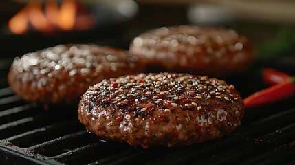 Close-up of seasoned hamburger patties cooking on a grill.