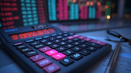 A close-up of an office calculator with colored keys under pink lighting,