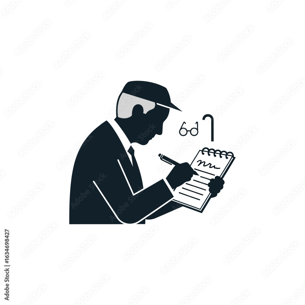 Poster man wearing a hat and suit writes on a notepad with a pen.