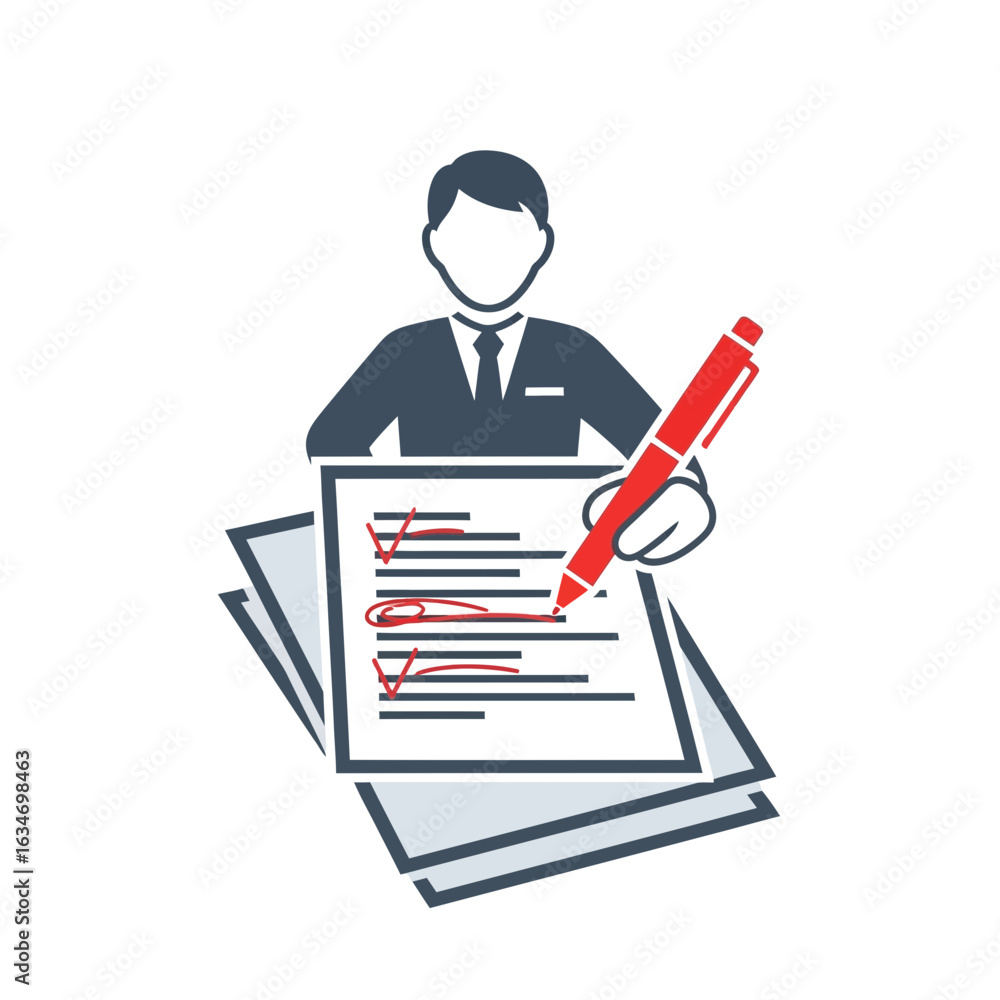 Poster man in suit holds pen over document stack with checklist or marked text.