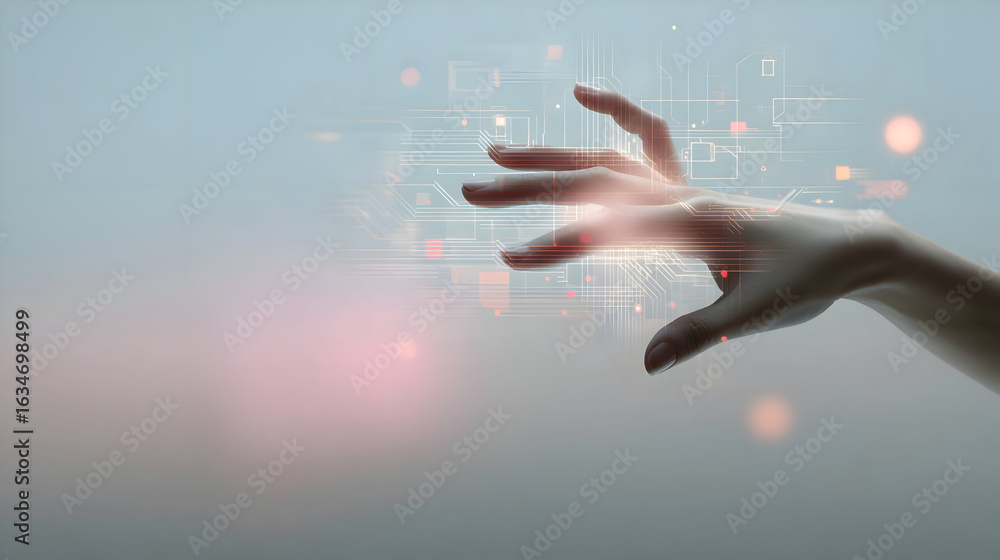 Poster a luminous touch: elegant hand interacting with a glowing digital circuit interface.