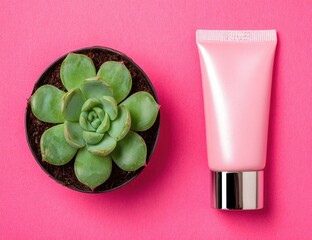 Flat lay of a succulent plant in a dark brown pot beside a pink tube of cosmetic cream on a hot pink background