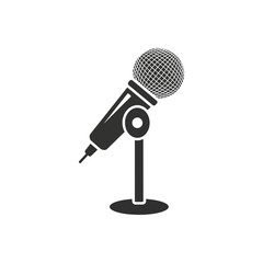 Microphone on a stand for recording or broadcasting audio in black and white.