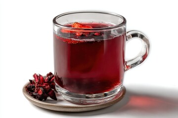 Warm strawberry hibiscus mulled wine in a glass mug served with dried hibiscus flowers on a ceramic plate during a cozy evening