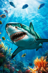 Obraz premium A shark swimming in the ocean surrounded by fish