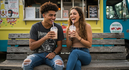 Couple laughing and sharing a milkshake in front of a food truck
