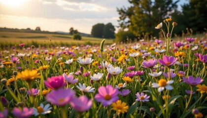 Colorful Wildflower Meadow Under Soft Golden Sunset in Rural Landscape