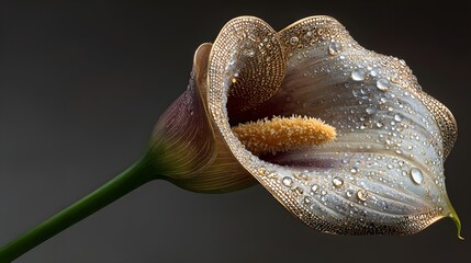 Close up macro shot of calla lily flower with water droplets dew drops beauty