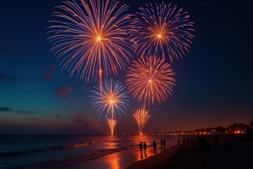Vibrant fireworks illuminate night sky.