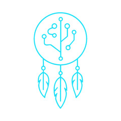 Digital Dreamcatcher Icon &ndash; Neon Line Style with Circuit Pattern and Feathers