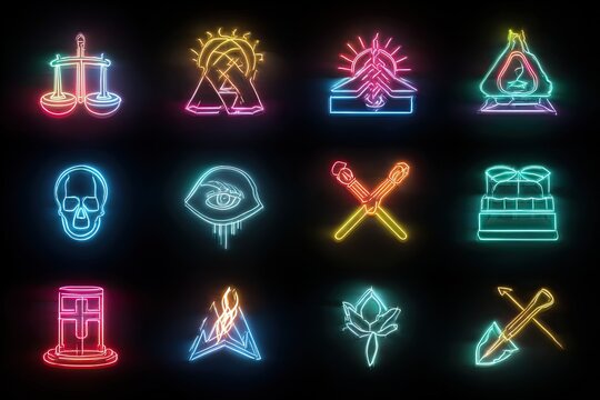 Neon-lit symbols arranged in a grid
