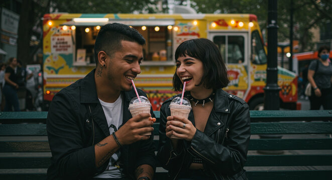 Couple laughing and sharing a milkshake in front of a food truck