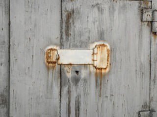 Weathered metal door with rusty hinge and latch, showing signs of age and decay.