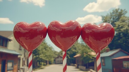 Three red heart-shaped lollipops against a background of small buildings.