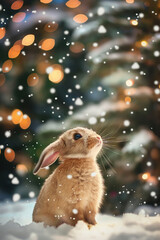 Young rabbit resting in snowy landscape with winter snowfall. Nature concept.