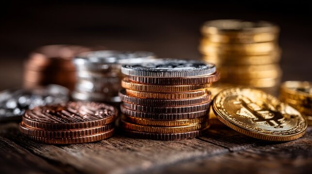 Stacks of various coins including Bitcoin and Nigerien CFA francs arranged on a rustic wooden surface,