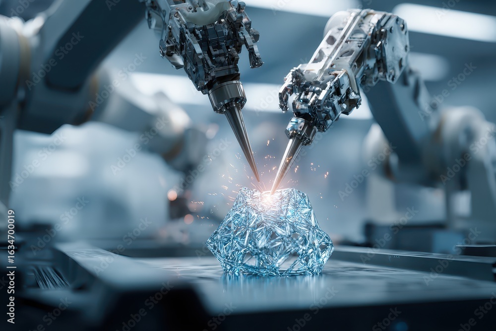 Poster precision engineering robotic arms with glowing tips create intricate designs in a high-tech laborat