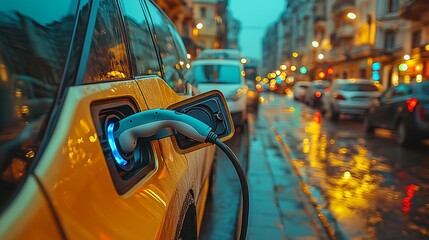 Electric vehicle charging at night in a city street.