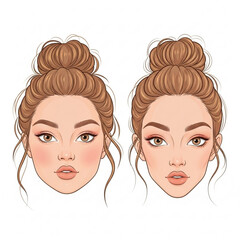 Vector art of two beautiful woman faces with brown hair in a bun isolated on white background