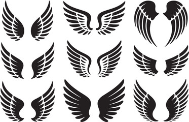 Fototapeta premium Vector wings icon set. Collection of black silhouette bird and angel wings for logo, tattoo, and heraldry design elements.