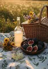 A picnic scene featuring figs, a bottle of liquid, flowers, and a basket on a floral blanket in a grassy field.