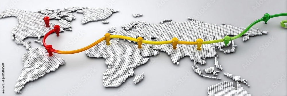 Poster colorful map with connection points across continents showcasing global travel routes and interactio