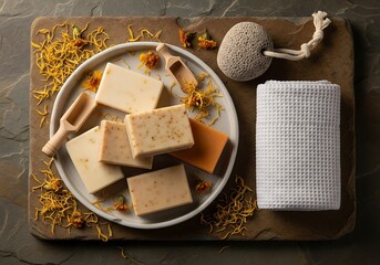 An arrangement of soaps, dried flowers, pumice stone, and a white washcloth on a wooden board.