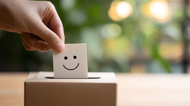 Hand inserting happy face card into donation box with blurred green background