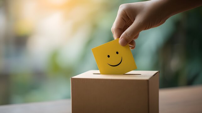 Hand places yellow paper with smiley face into ballot box Happy Vote Opinion