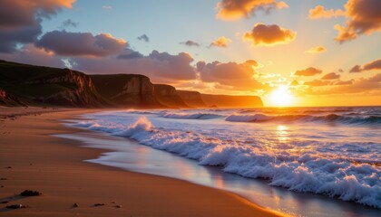 Obraz premium Vibrant Sunset Over Calm Ocean Waves at Scenic Beach with Majestic Cliffs in the Background