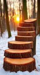 Spiral staircase of tree trunks in snowy forest at sunset