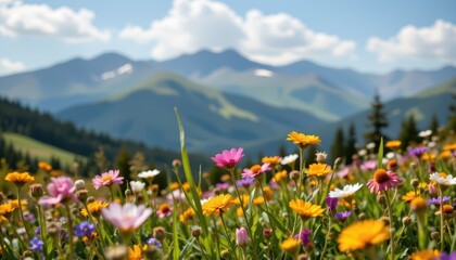 Obraz premium Vibrant Wildflower Meadow Overlooking Majestic Mountain Landscape Under Clear Blue Sky