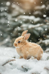 Cute rabbit surrounded by falling snowflakes in winter forest. Seasonal wildlife.