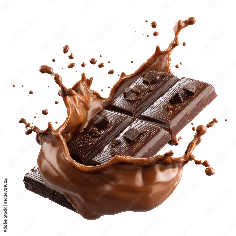 Poster chocolate bar splashes into melted cocoa creating a delicious spectacle in a fun and playful culinar
