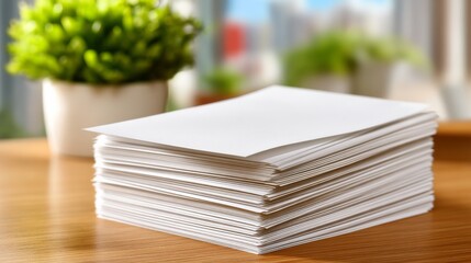A stack of crisp white papers or envelopes neatly arranged on a wooden desk, fresh and smooth with uniform color,
