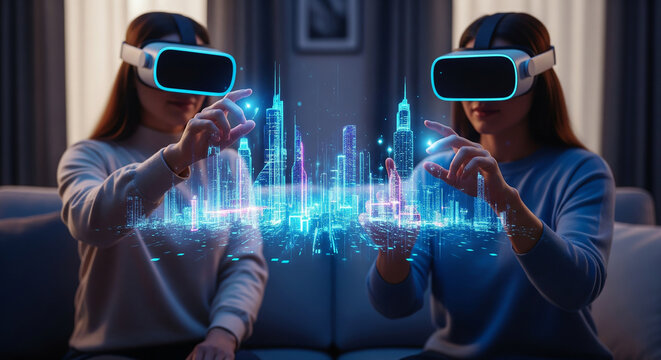 Shot of two people sitting together, both wearing VR headsets. A shared, panoramic virtual city in holographic space floats between them