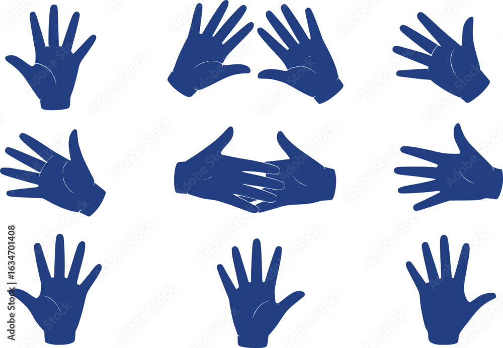 Poster collection of blue hand silhouettes displaying diverse poses symbolizing communication connection an
