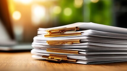 A stack of papers neatly organized with golden paper clips clipped together at different levels,