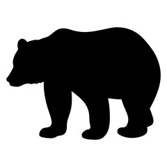 A black bear silhouette walking slowly to the left on a white background