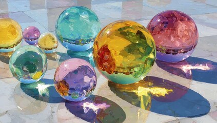Colorful glass spheres on a light-colored surface