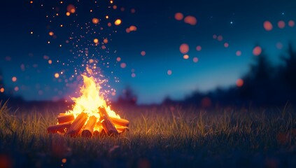 Warm campfire glowing brightly in a dark field at night with sparks flying