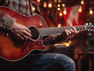 Hands Playing Acoustic Guitar in Cozy, Dimly Lit Caf�� Setting