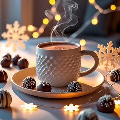 Cozy holiday atmosphere with a cup of steaming hot chocolate surrounded by assorted chocolates on a blurred background with snowflakes and garland.